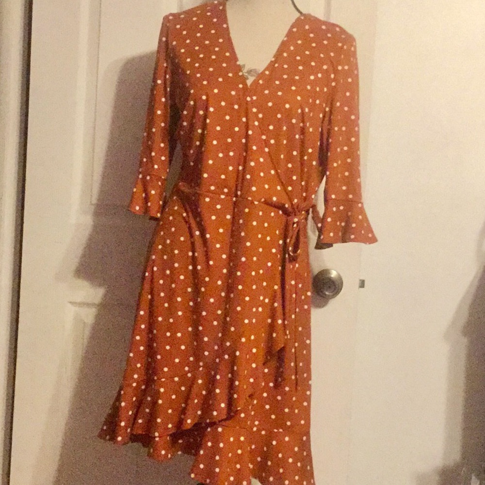 Earth Tone Brown Color V-neck Polka Dot Side Tie Waist Plus Dress - Picture 3 of 8
